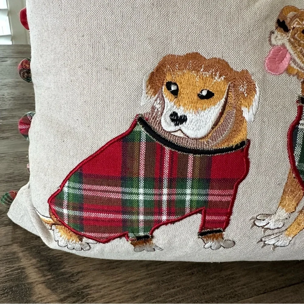 Pier 1 One Rectangular Christmas Dogs‎ Pillow Home Decor Holiday Embroidered